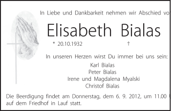 Traueranzeige von Elisabeth Bialas von Pegnitz-Zeitung